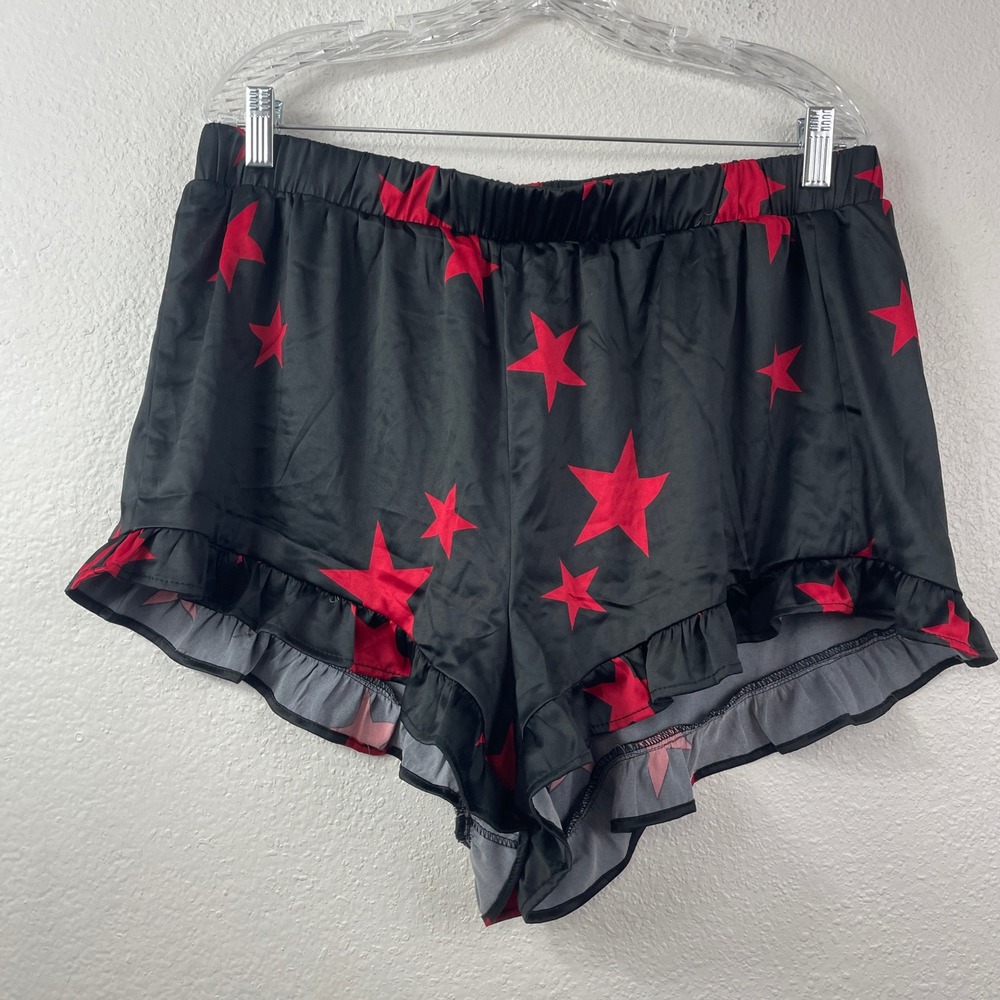 Torrid Sleep Shorts Womens 1X 14-16 Black Red Star Satin Ruffle Hem 18906102 NEW